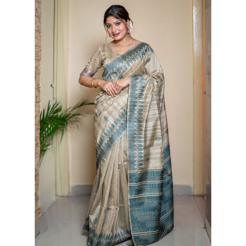 Blue Spun Silk Saree With Blouse Piece - JD986587703