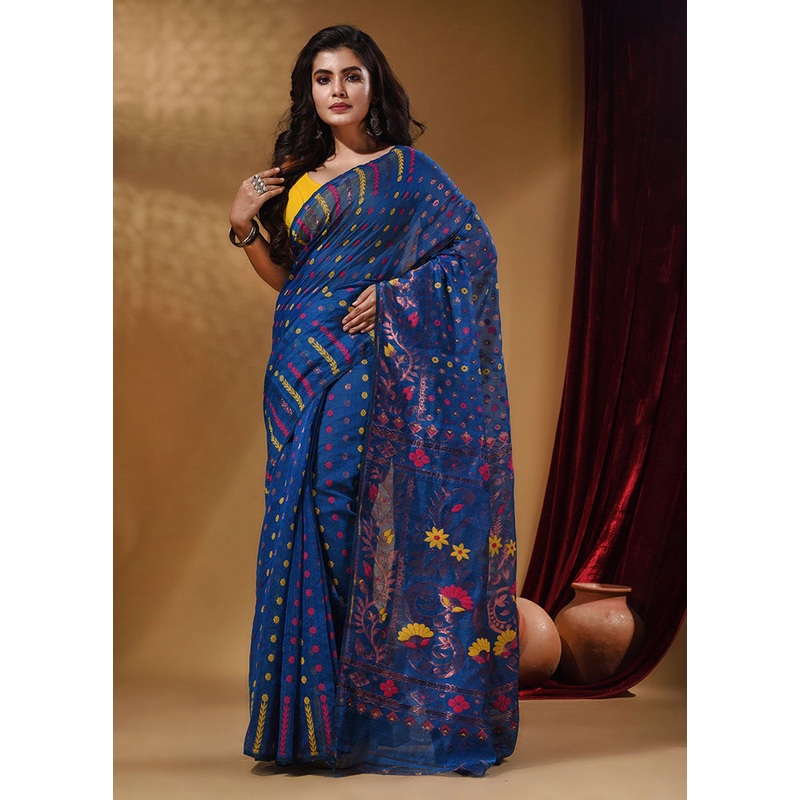 Blue Tant Jamdani Saree With Blouse Piece - JD986587681