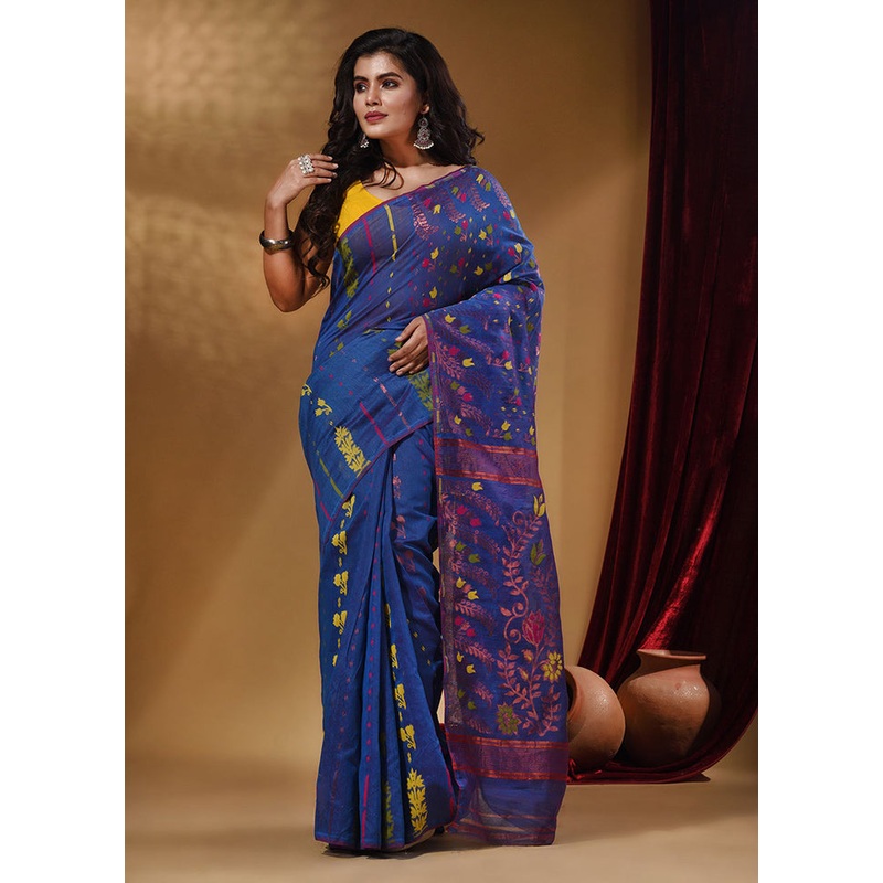 Blue Tant Jamdani Saree With Blouse Piece - JD986587682