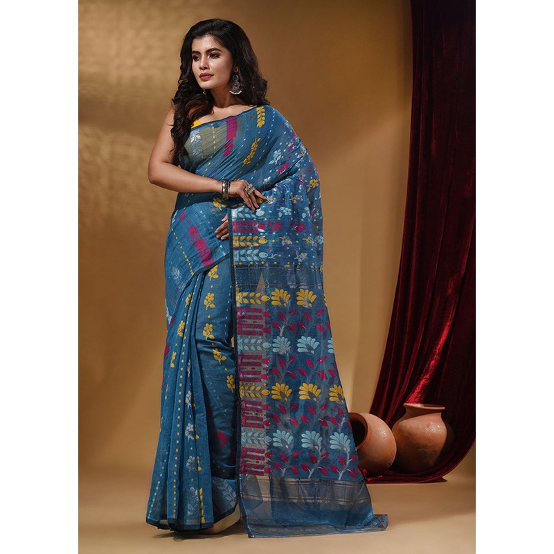Blue Tant Jamdani Saree With Blouse Piece - JD986587683