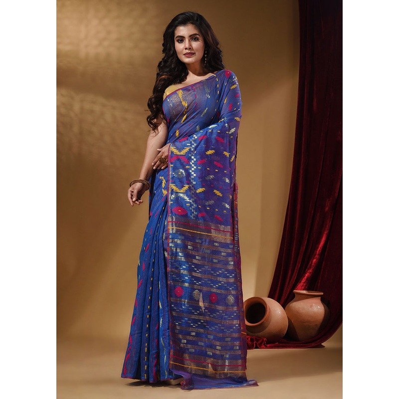 Blue Tant Jamdani Saree With Blouse Piece - JD986587684