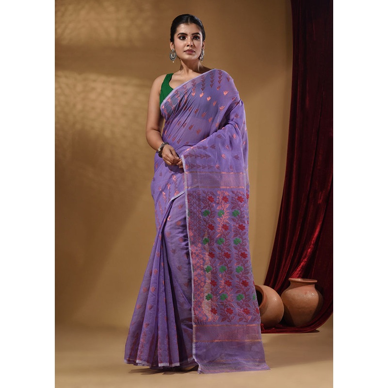 Blue Tant Jamdani Saree With Blouse Piece - JD986587685
