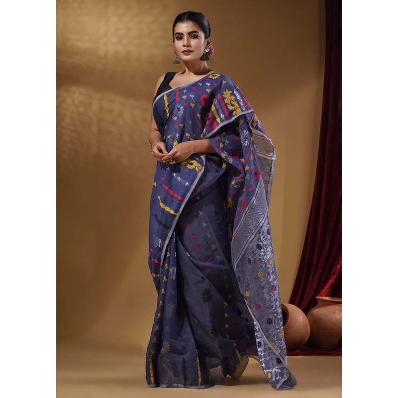 Blue Tant Jamdani Saree With Blouse Piece - JD986587686