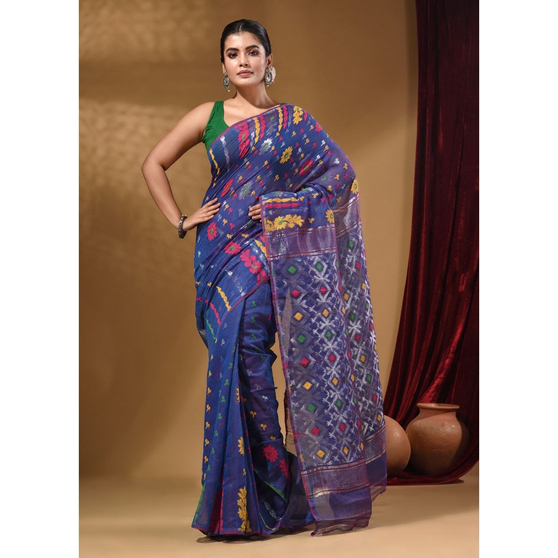 Blue Tant Jamdani Saree With Blouse Piece - JD986587687