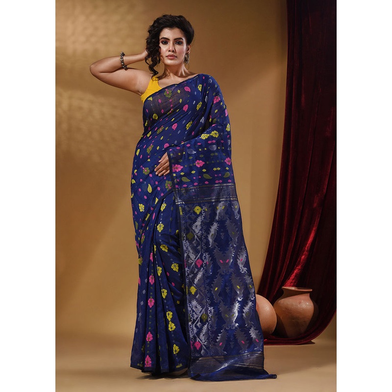 Blue Tant Jamdani Saree With Blouse Piece - JD986587688