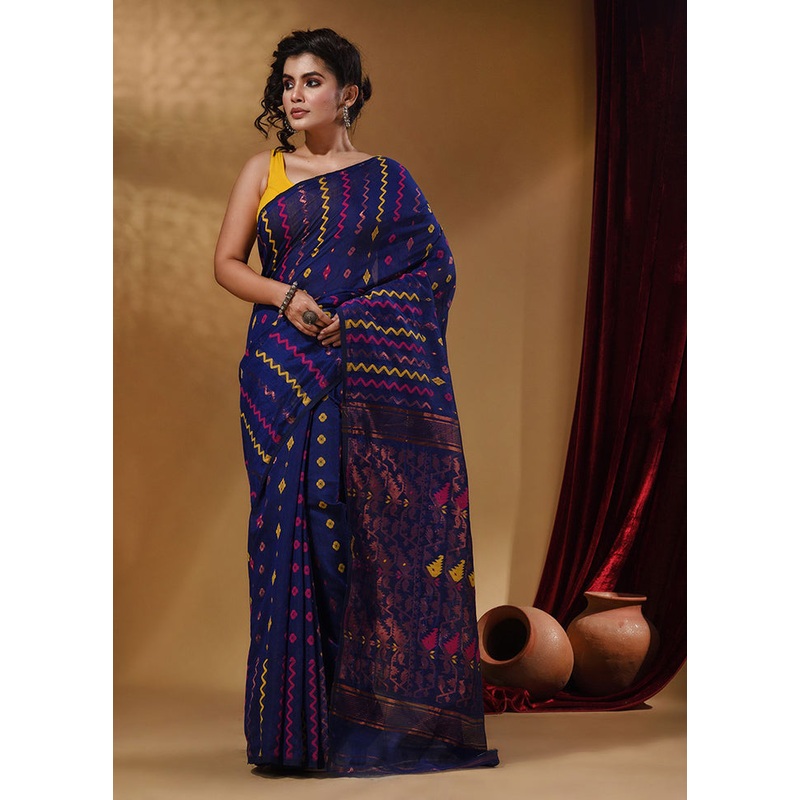 Blue Tant Jamdani Saree With Blouse Piece - JD986587690