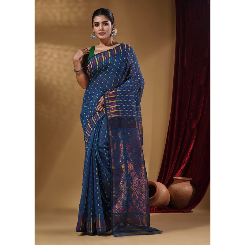 Blue Tant Jamdani Saree With Blouse Piece - JD986587691