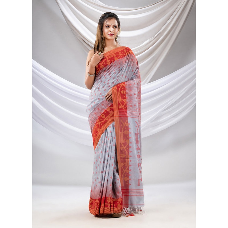 Bluish Grey Pure Cotton Saree With Blouse Piece - JD986587679