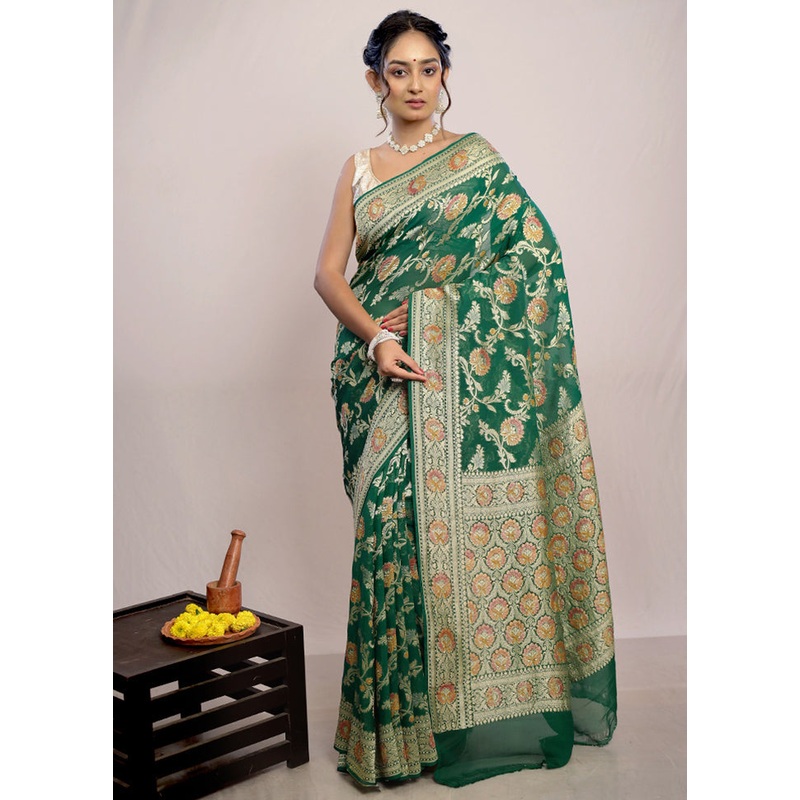 Bottle Green Chiffon Pure Silk Saree With Blouse Piece - JD986587678