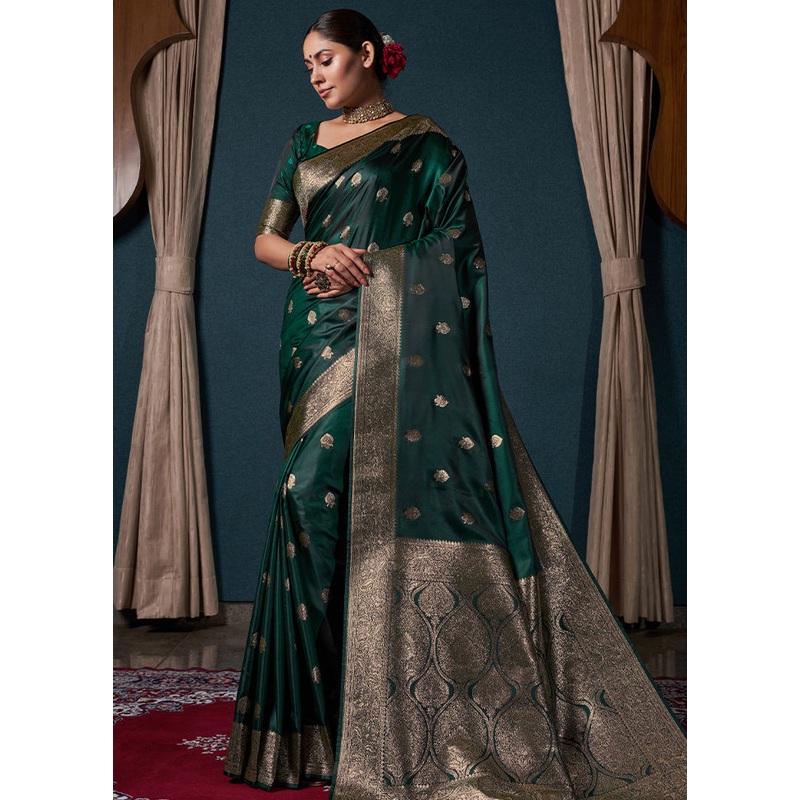 Bottle Green Dupion Silk Saree With Blouse Piece - JD986587676