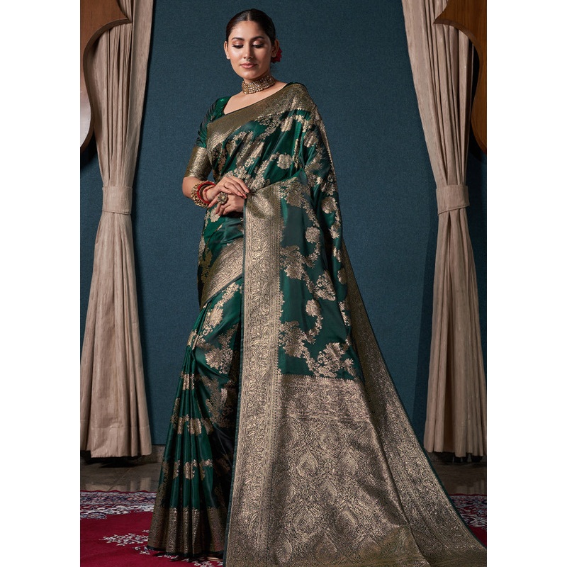 Bottle Green Dupion Silk Saree With Blouse Piece - JD986587677