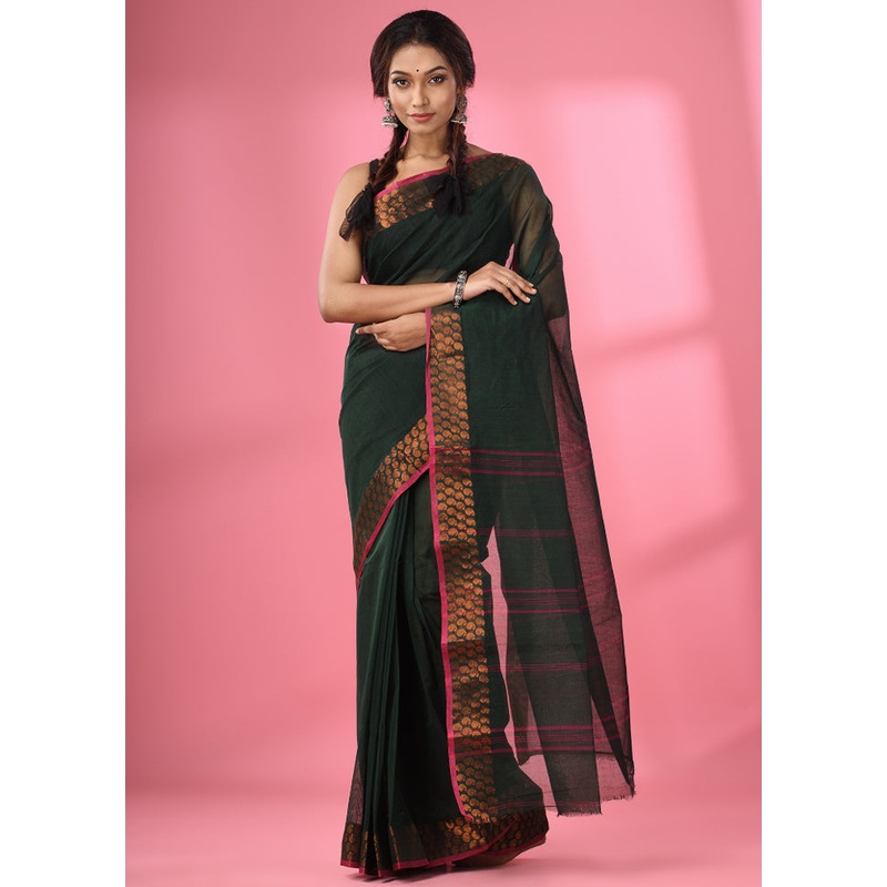 Bottle Green Pure Cotton Saree With Blouse Piece - JD986587675