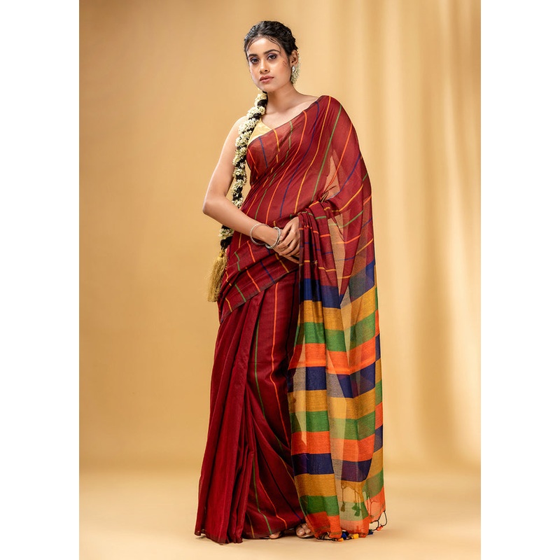 Brick Red Cotton Saree With Blouse Piece - JD986587674
