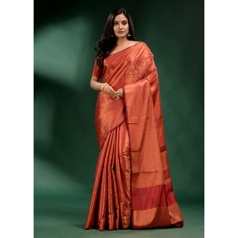 Brick Red Dupion Silk Saree With Blouse Piece - JD986587673