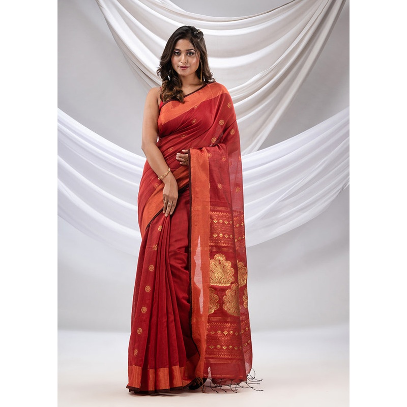 Brick Red Pure Cotton Saree With Blouse Piece - JD986587670
