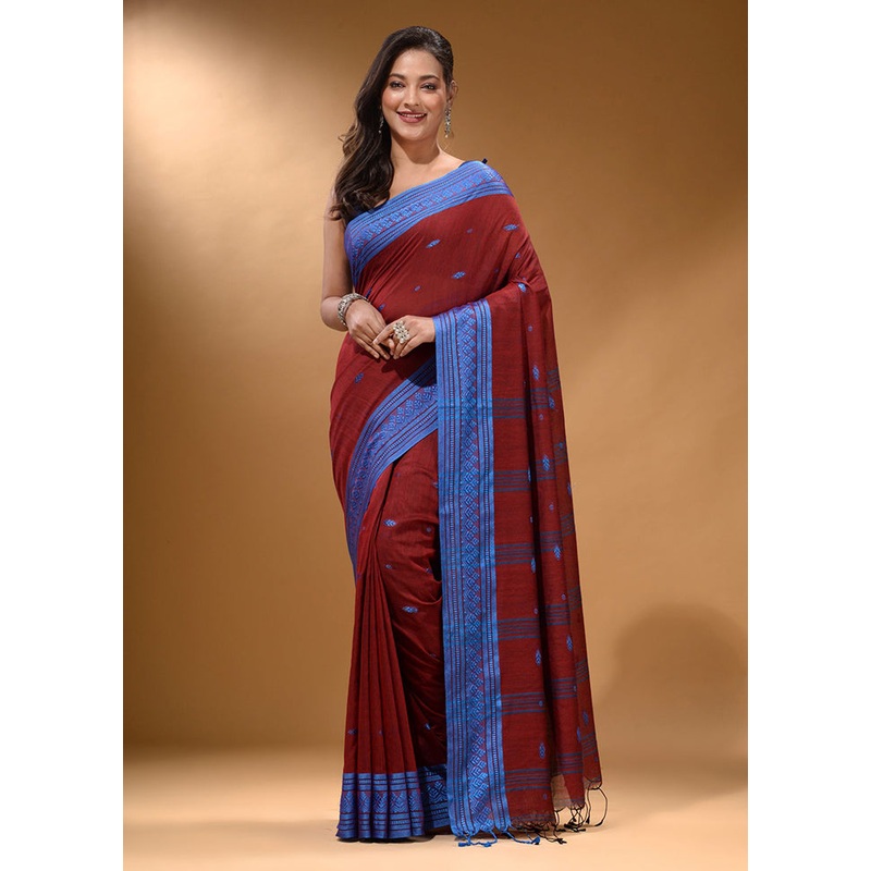 Brick Red Pure Cotton Saree With Blouse Piece - JD986587671