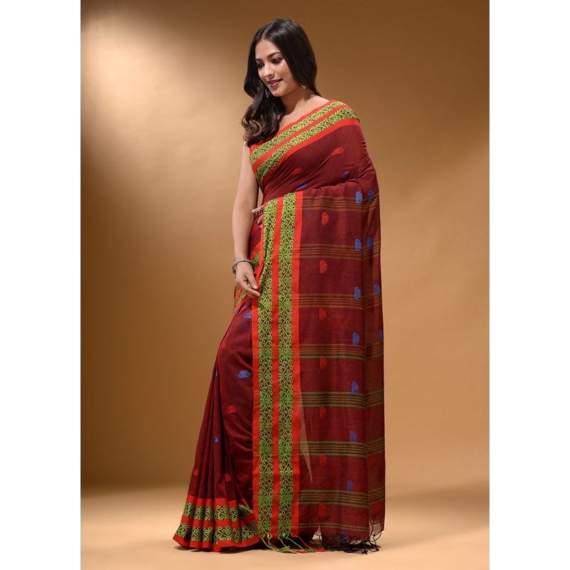 Brick Red Pure Cotton Saree With Blouse Piece - JD986587672