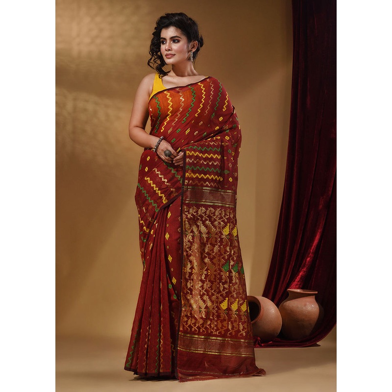 Brick Red Tant Jamdani Saree With Blouse Piece - JD986587669