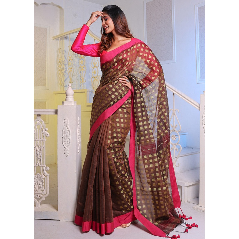 Brown Cotton Saree With Blouse Piece - JD986587666
