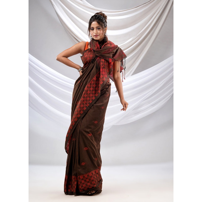 Brown Cotton Saree With Blouse Piece - JD986587667
