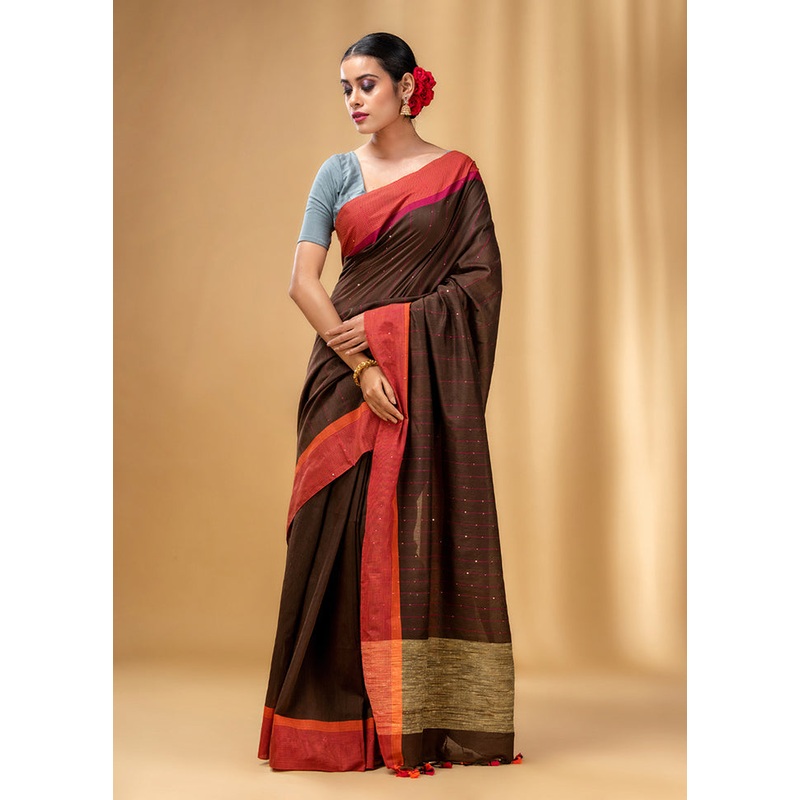 Brown Cotton Saree With Blouse Piece - JD986587668