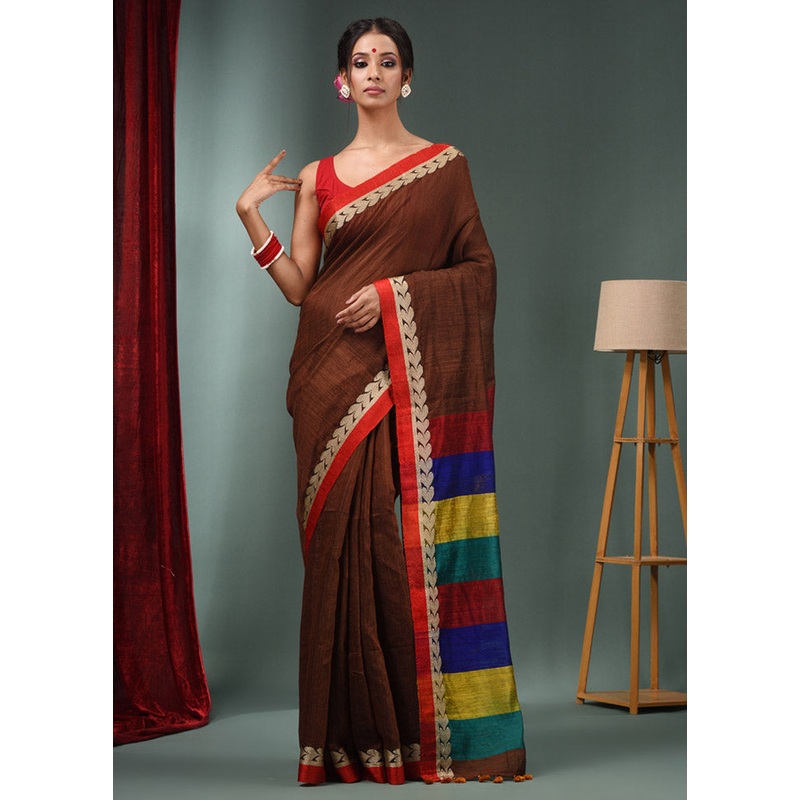 Brown Dupion Pure Silk Saree With Blouse Piece - JD986587665