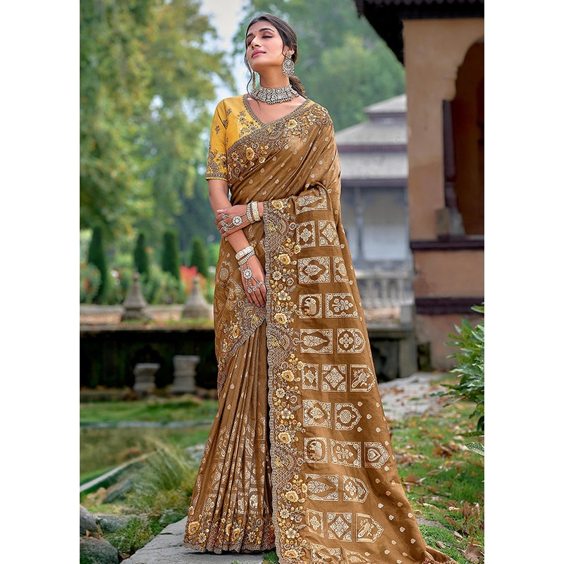 Brown Dupion Silk Saree With Blouse Piece - JD986587658
