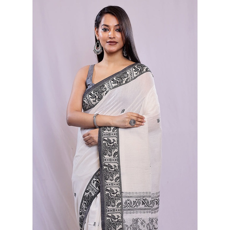 White Cotton Saree With Blouse Piece - JD986587724