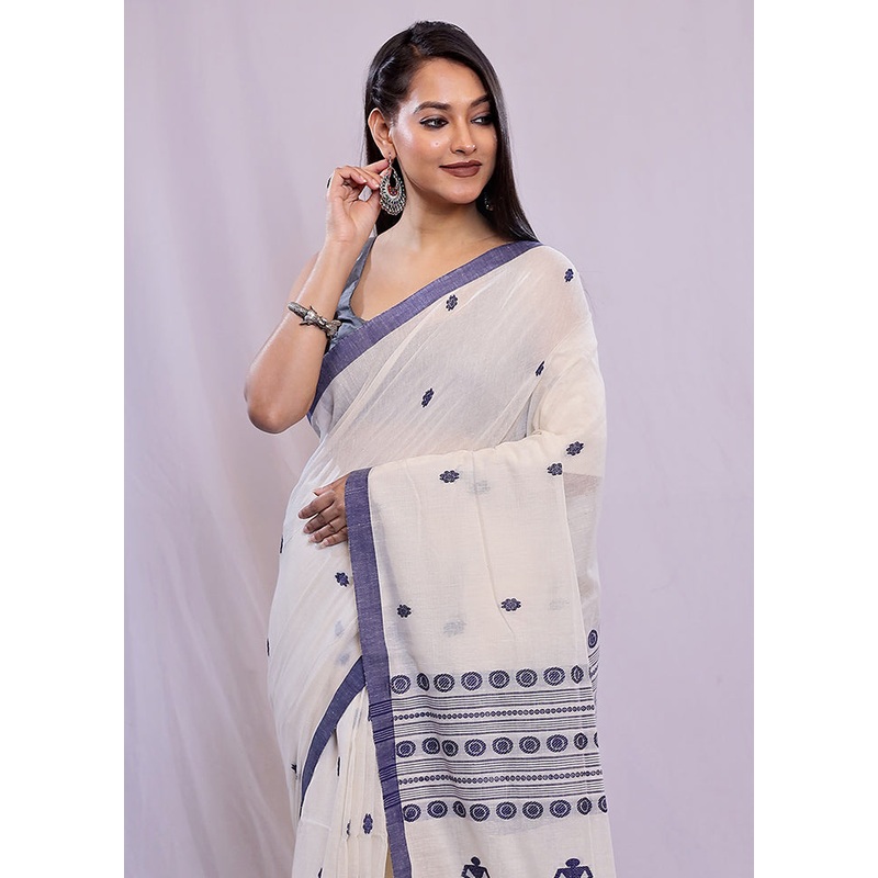 White Cotton Saree With Blouse Piece - JD986587725