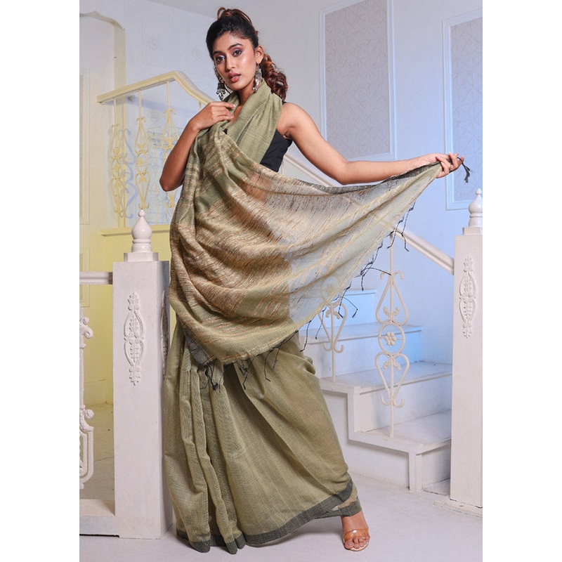 Beige Cotton Saree With Blouse Piece - JD986587515