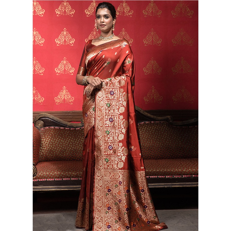 Brown Dupion Silk Saree With Blouse Piece - JD986587656