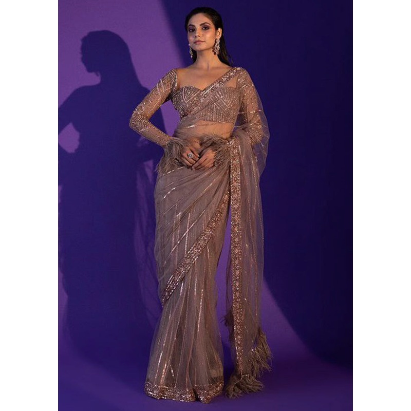 Brown Organza Saree With Blouse Piece - JD986587645