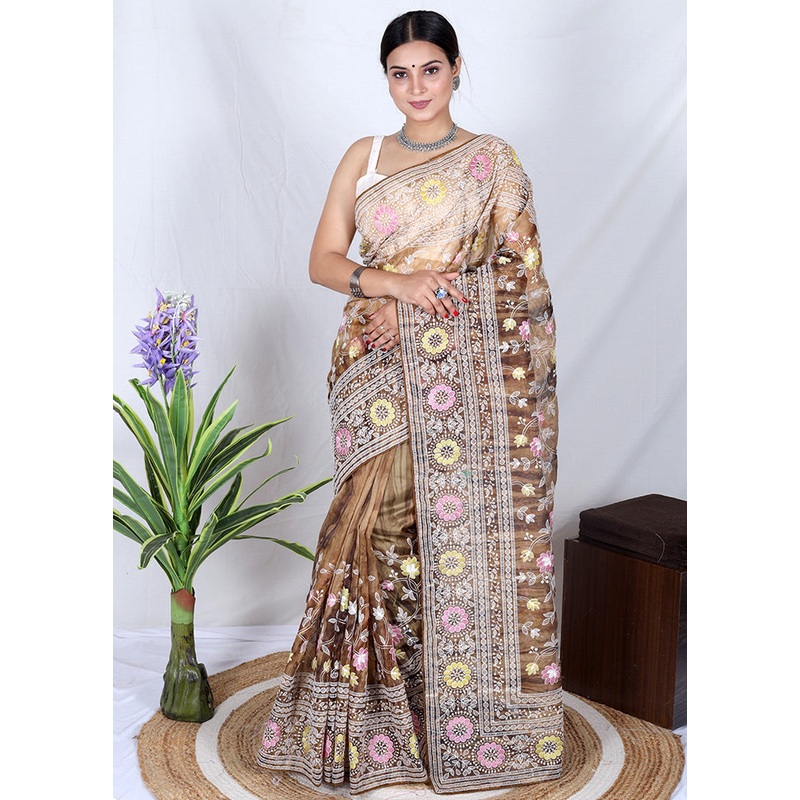Brown Organza Saree With Blouse Piece - JD986587649