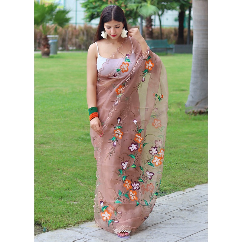 Brown Organza Saree With Blouse Piece - JD986587650