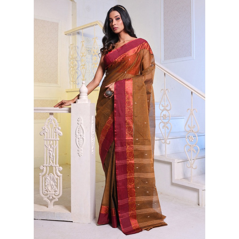 Brown Pure Cotton Saree With Blouse Piece - JD986587634