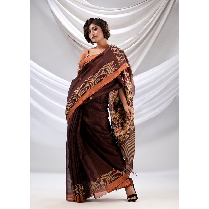 Brown Pure Cotton Saree With Blouse Piece - JD986587635