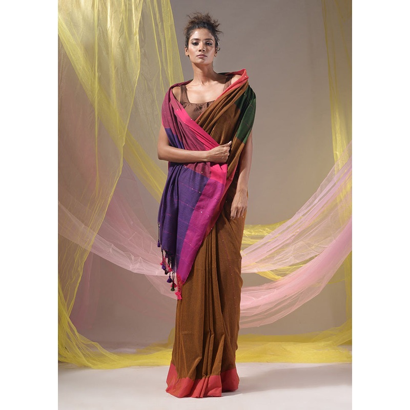 Brown Pure Cotton Saree With Blouse Piece - JD986587636