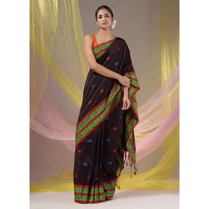 Brown Pure Cotton Saree With Blouse Piece - JD986587638