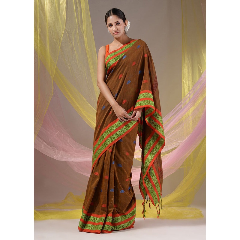 Brown Pure Cotton Saree With Blouse Piece - JD986587639