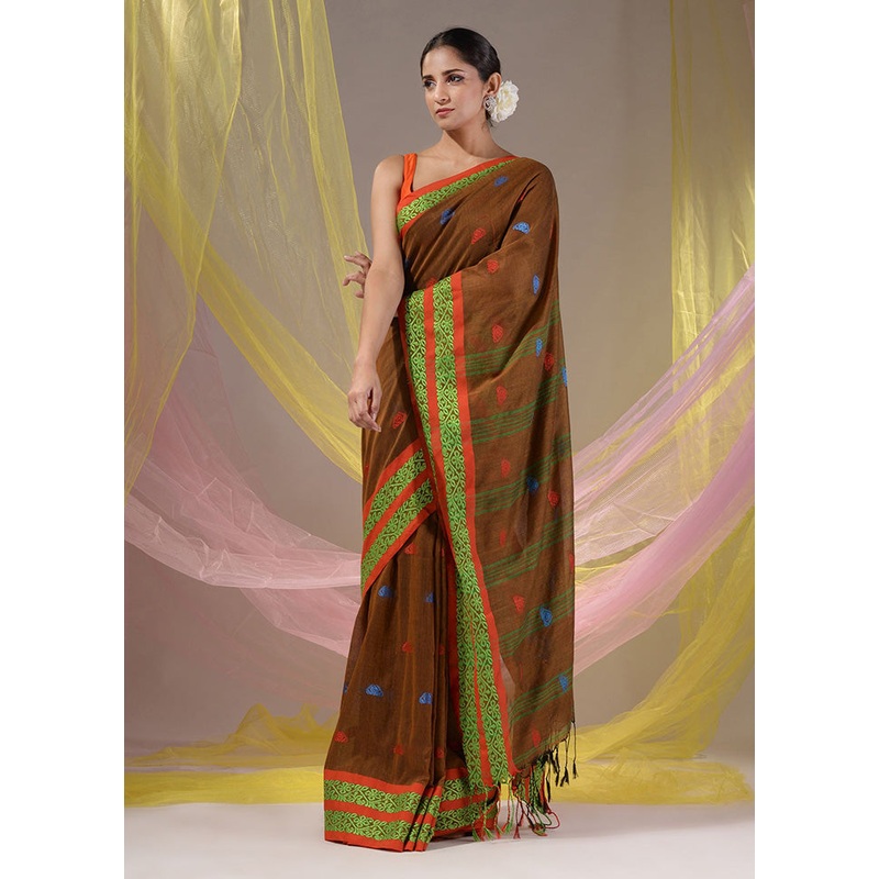 Brown Pure Cotton Saree With Blouse Piece - JD986587640