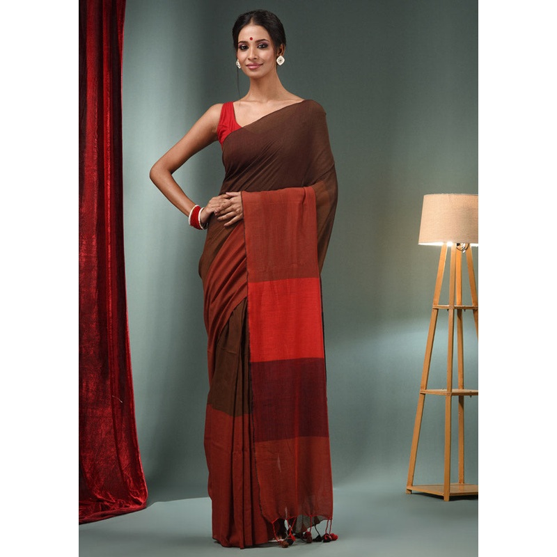 Brown Pure Cotton Saree With Blouse Piece - JD986587641