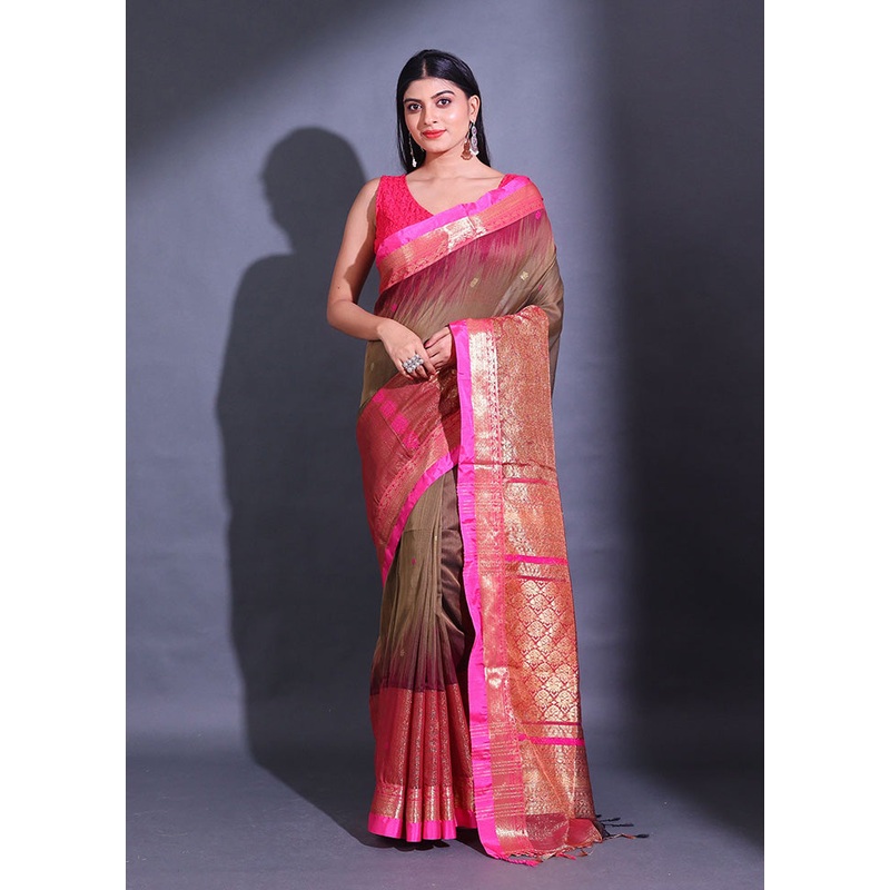Brown Pure Cotton Saree With Blouse Piece - JD986587642