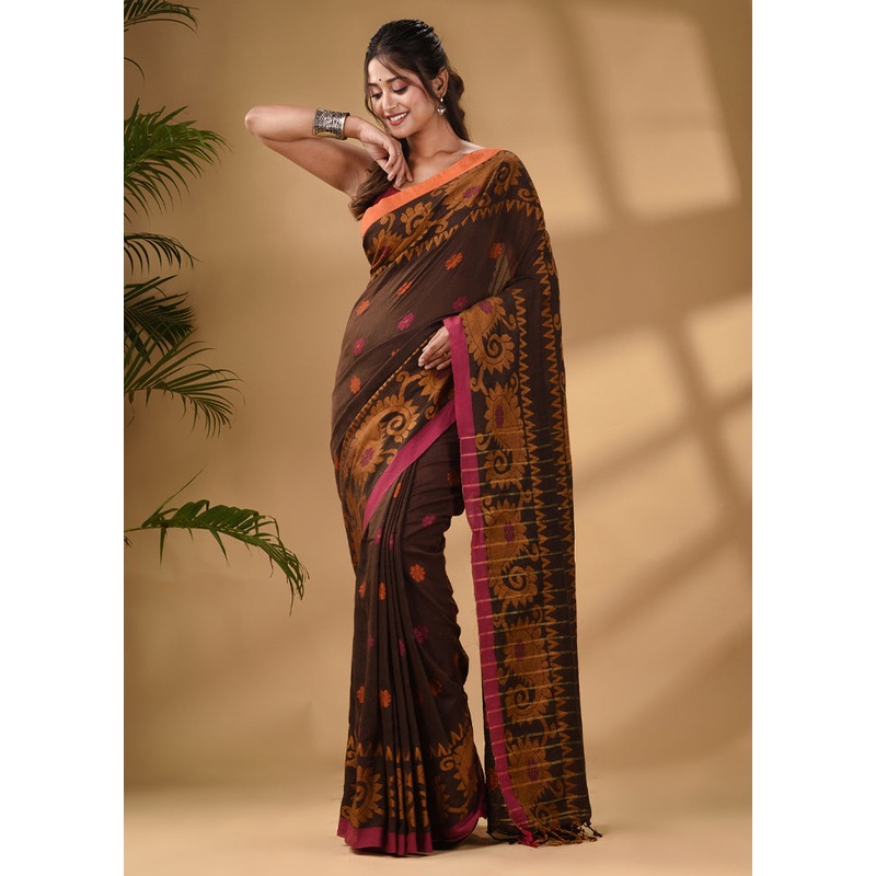 Brown Pure Cotton Saree With Blouse Piece - JD986587644