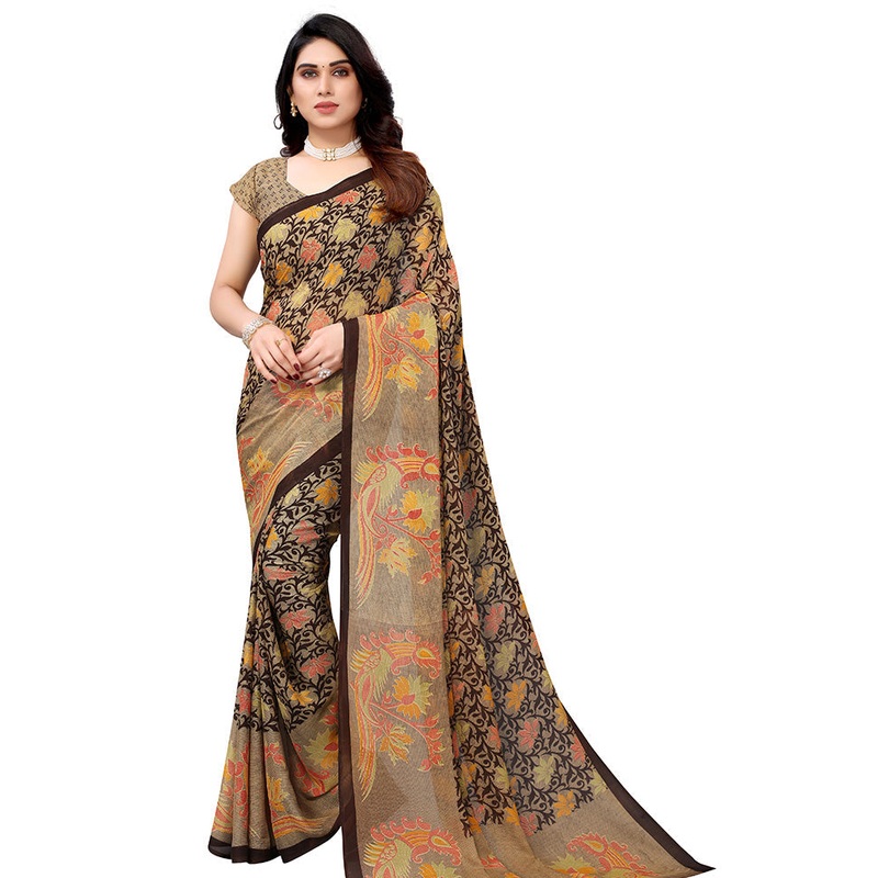 Brown Spun Silk Saree With Blouse Piece - JD986587630