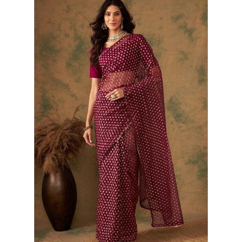 Burgundy Organza Saree With Blouse Piece - JD986587628