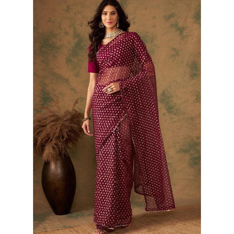 Burgundy Organza Saree With Blouse Piece - JD986587629