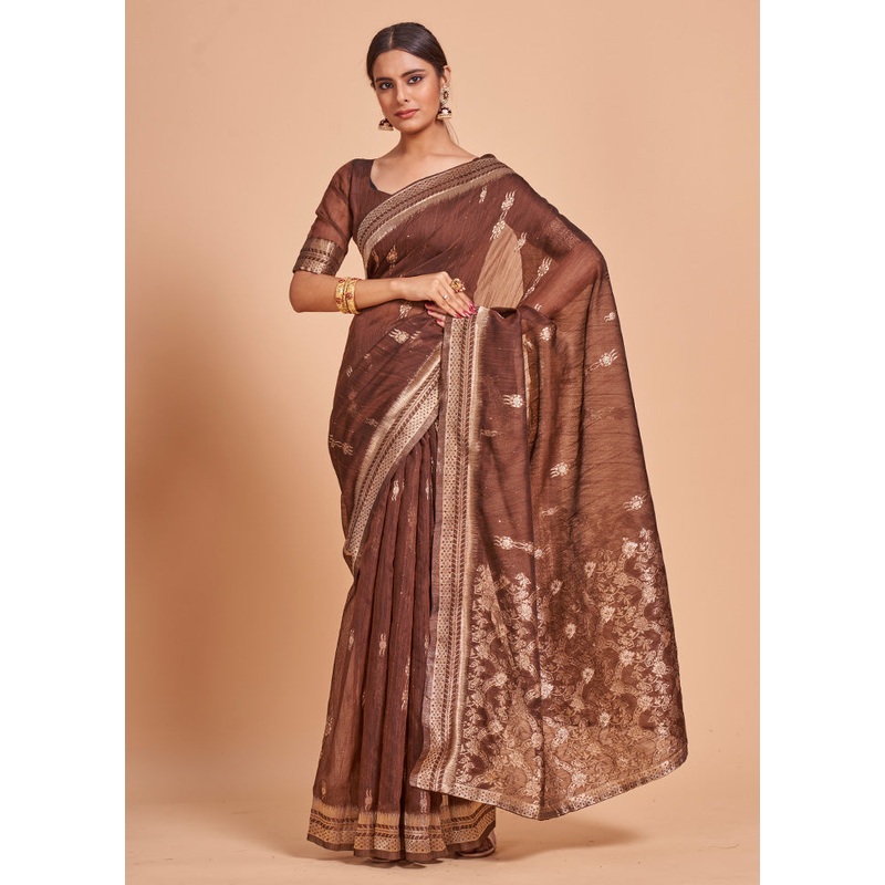 Coffee Cotton Saree With Blouse Piece - JD986587627