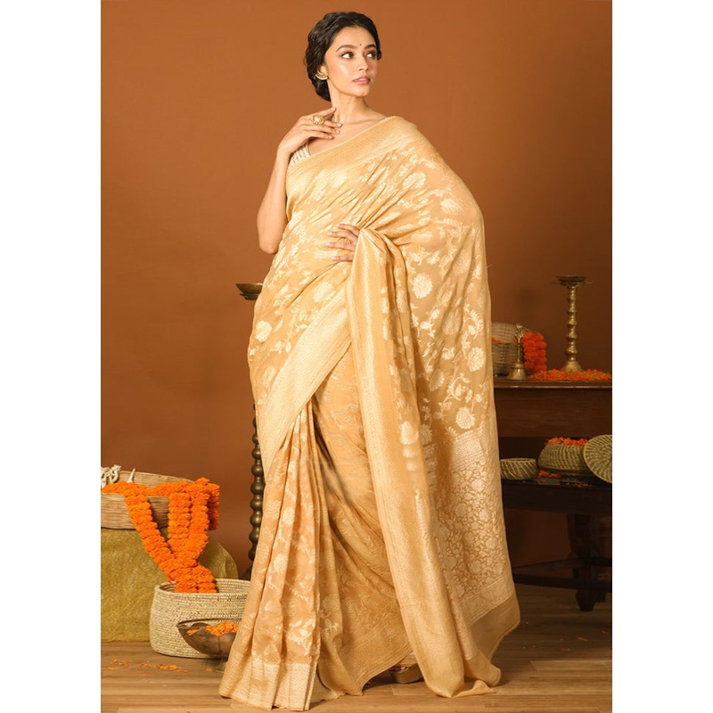 Cream Chiffon Pure Silk Saree With Blouse Piece - JD986587625