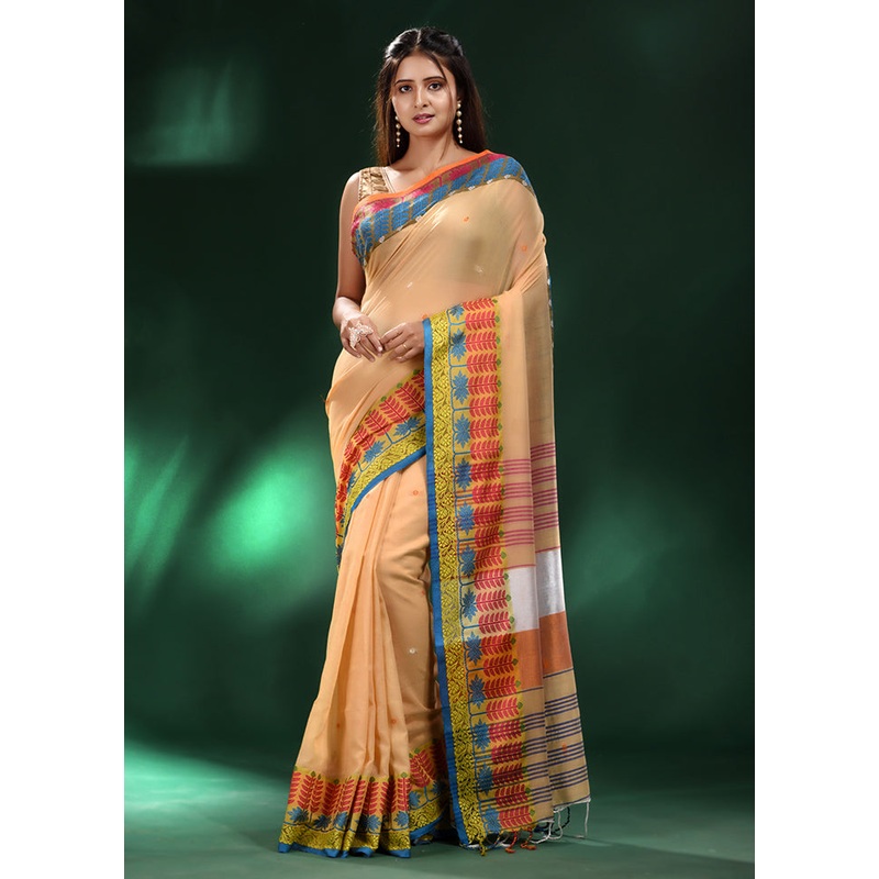 Cream Cotton Saree With Blouse Piece - JD986587624