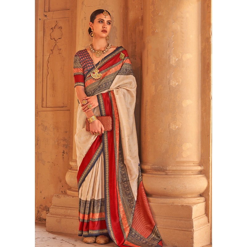 CREAM Dupion Silk Saree With Blouse Piece - JD986587614